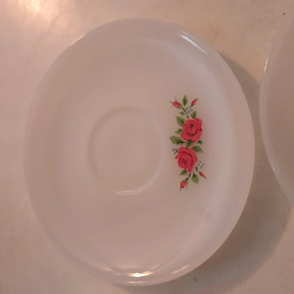 Vintage Anchor Hocking Fire King Milk Glass Floral Saucers Set of 4 Mixed Flower